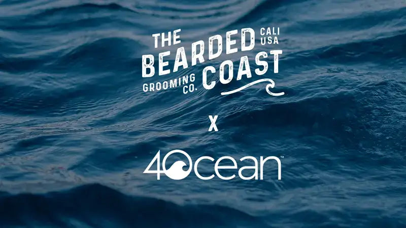 Logo of Bearded Coast partnering with 4Ocean, set against a background of ocean waves.