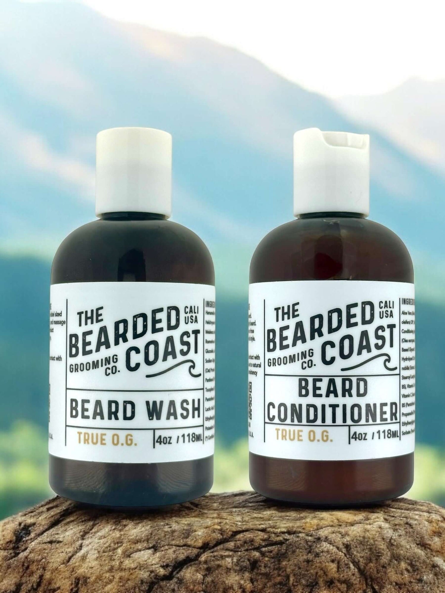 Beard wash and conditioner bottles from The Bearded Coast, showcasing natural grooming products for beard care.