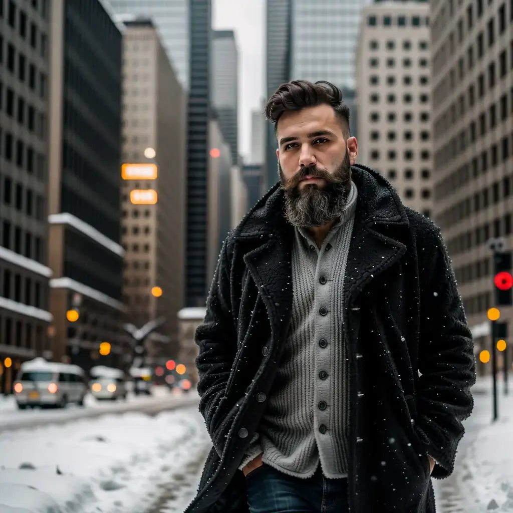 Bearded man walking down a snowy city street