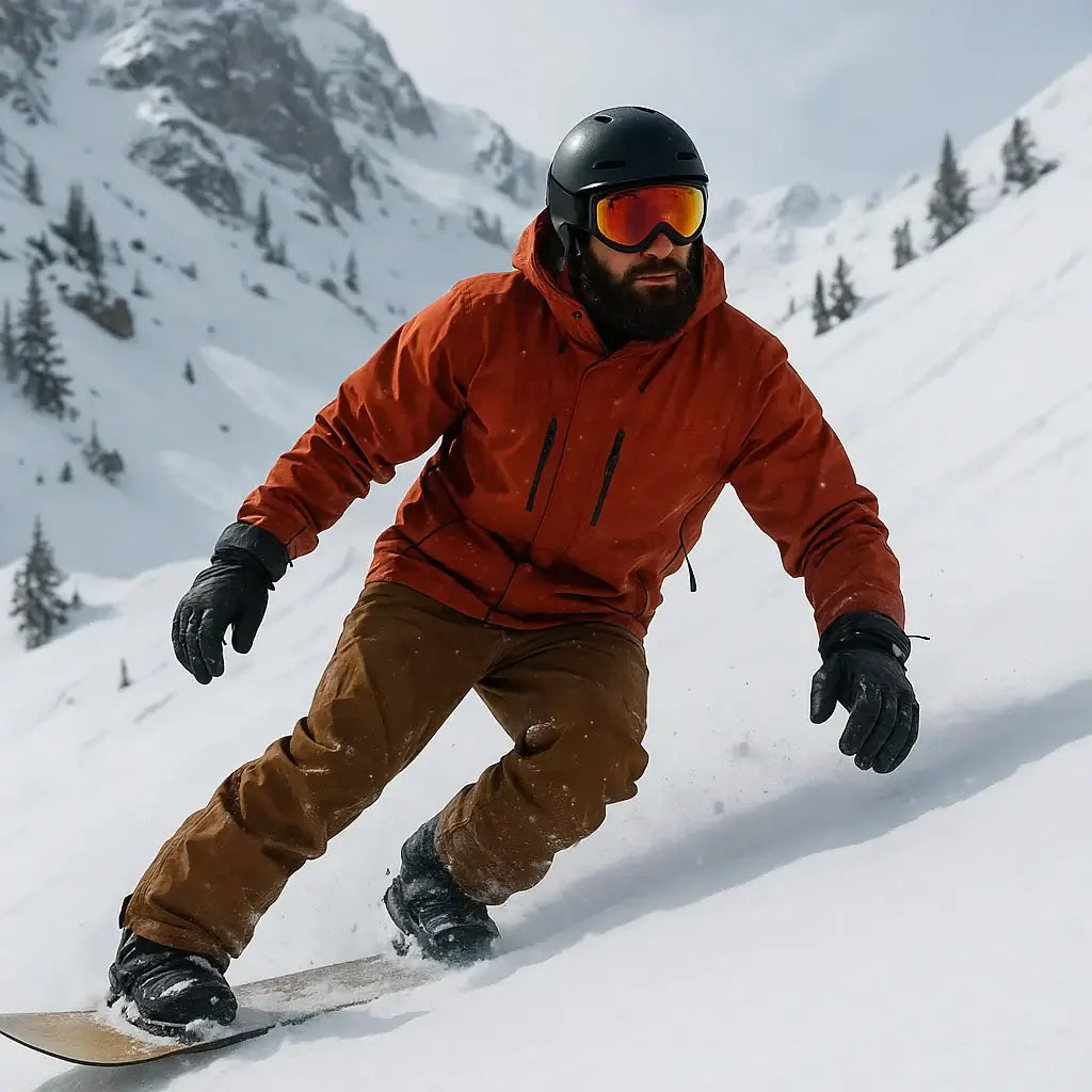 Snowboarder with a beard going down a snowy mountain