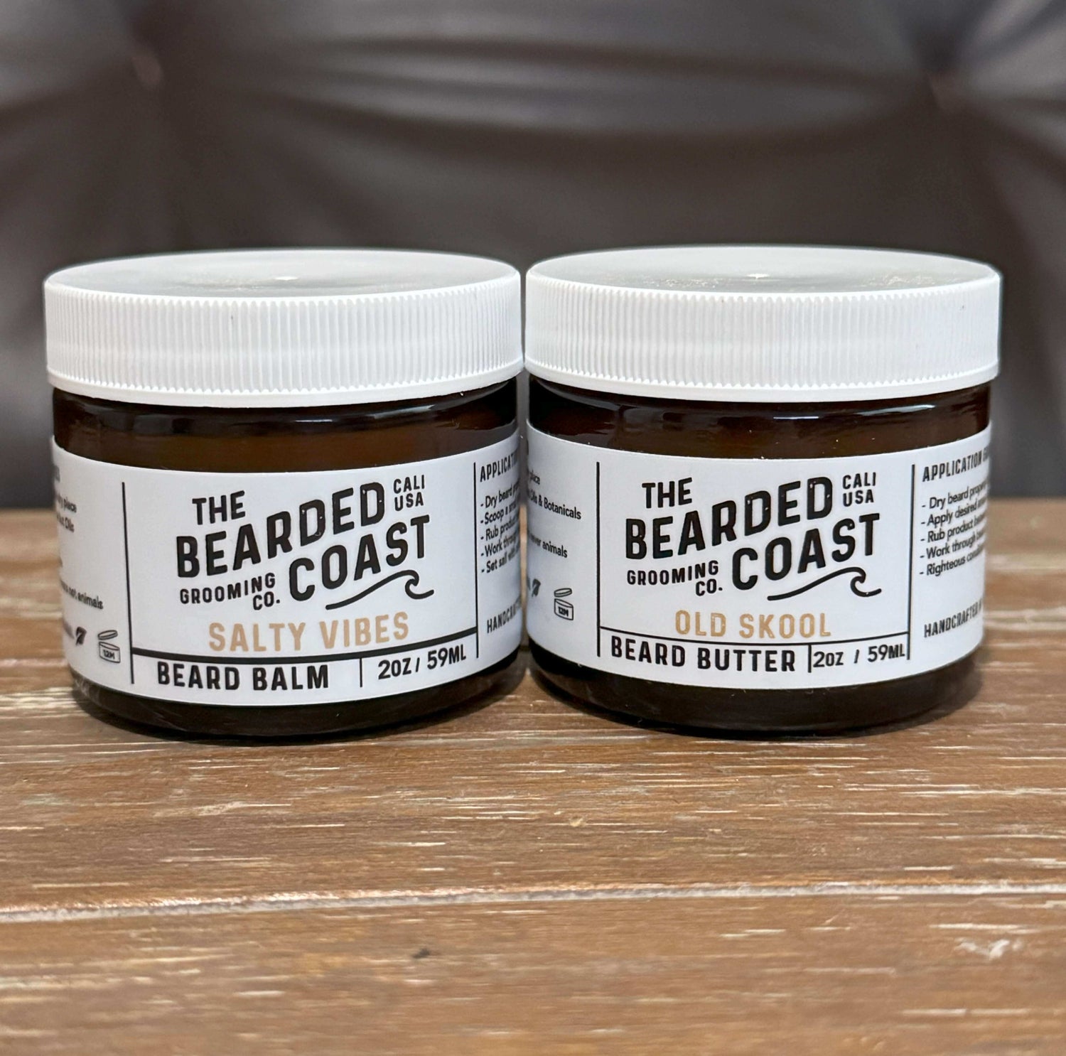 Beard butter and balm from The Bearded Coast, featuring 'Salty Vibes' beard balm and 'Old Skool' beard butter.