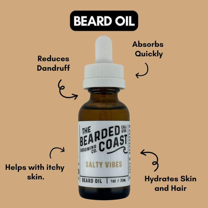 Beard oil bottle labeled 'Salty Vibes' highlighting benefits like reducing dandruff and hydrating skin and hair.