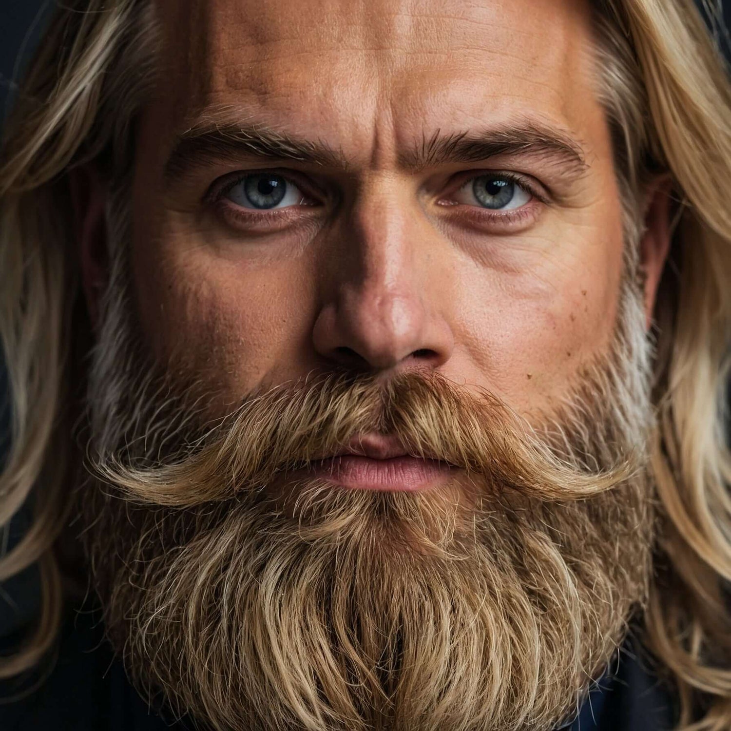 Close-up of a man with a well-groomed beard and long hair, emphasizing beard growth and care.