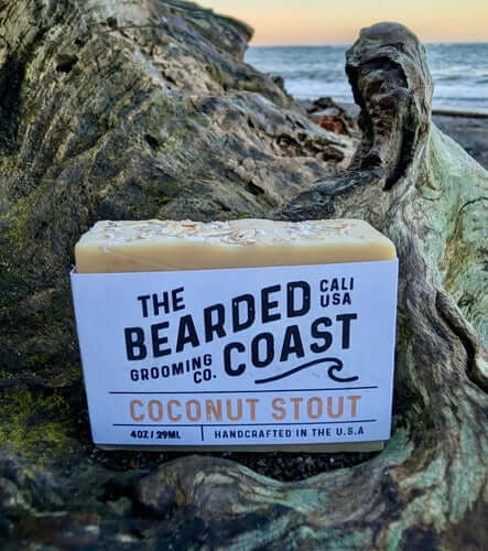 Coconut Stout beer soap by The Bearded Coast, promoting grooming benefits for beards.