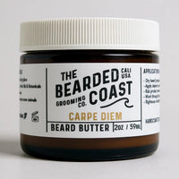 Bearded Coast Carpe Diem Beard Butter in amber jar with white lid and clean white label, 2 oz / 59 ml size