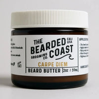 Bearded Coast Carpe Diem Beard Butter in amber jar with white lid and clean white label, 2 oz / 59 ml size