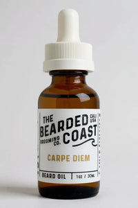 Bearded Coast Carpe Diem Beard Oil bottle with white dropper and clean white label, 1 oz / 30 ml size