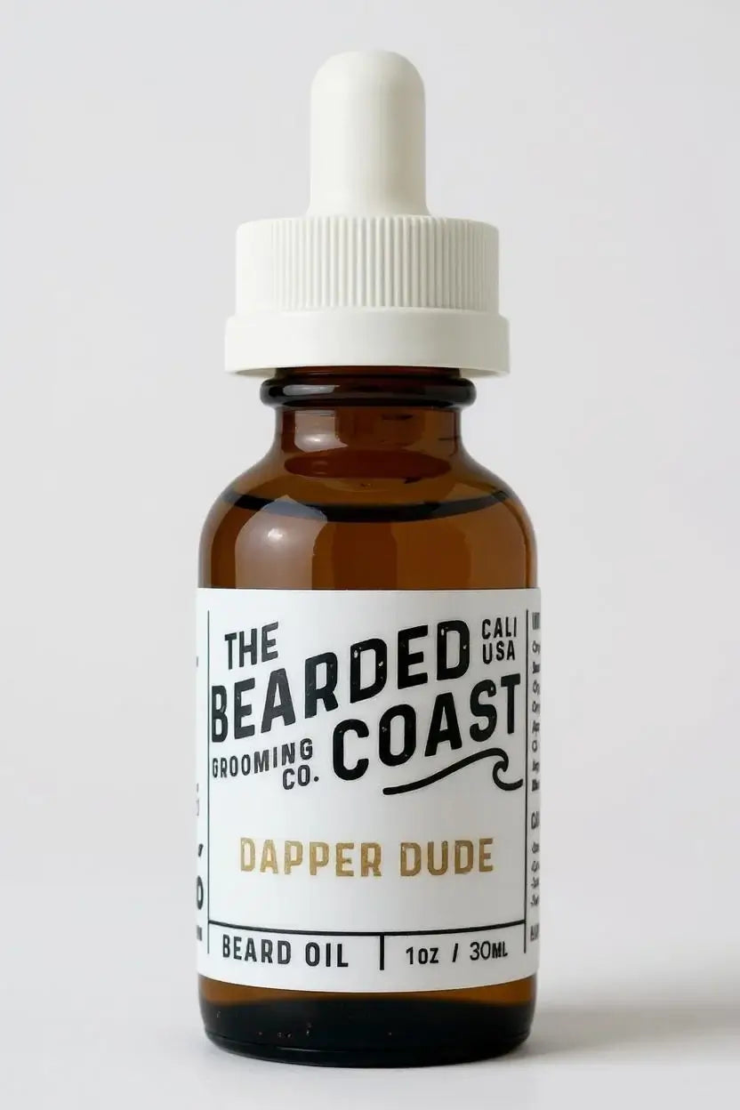 Bearded Coast Dapper Dude Beard Oil bottle with white dropper and sleek white label, 1 oz / 30 ml size