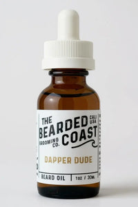 Bearded Coast Dapper Dude Beard Oil bottle with white dropper and sleek white label, 1 oz / 30 ml size