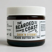 Bearded Coast Dark’n Stormy Beard Butter in amber jar with white lid and bold monochrome label, 2 oz / 59 ml size
