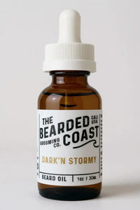 Bearded Coast Dark’n Stormy Beard Oil bottle with white dropper and bold label design, 1 oz / 30 ml size