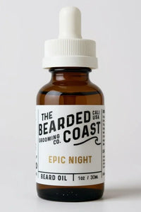 Bearded Coast Epic Night Beard Oil bottle with white dropper and bold minimalist label, 1 oz / 30 ml size