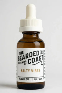 Bearded Coast Salty Vibes Beard Oil bottle with white dropper and coastal-inspired label, 1 oz / 30 ml size