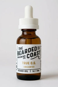 Bearded Coast True O.G. Unscented Beard Oil bottle with white dropper and clean white label, 1 oz / 30 ml size