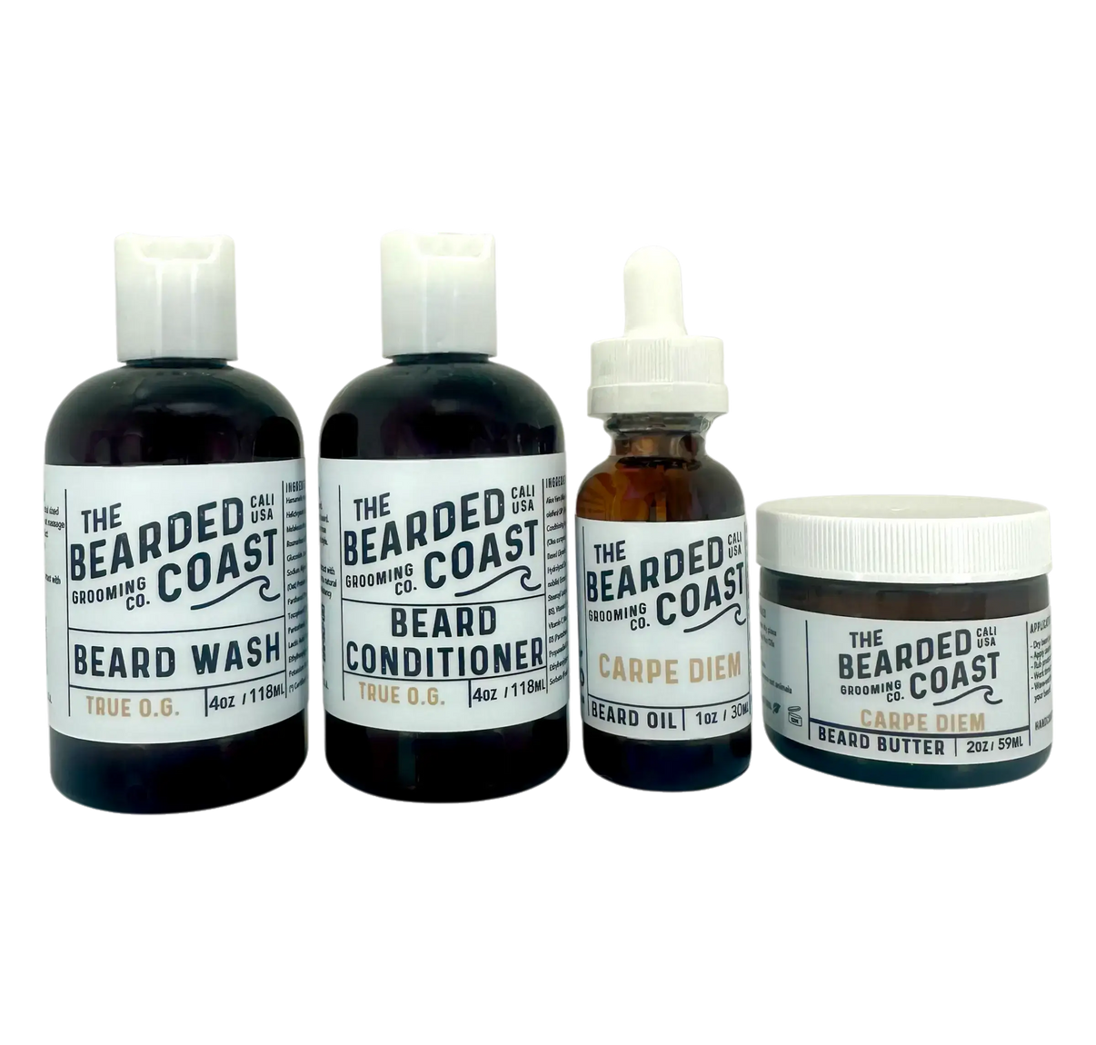Full Carpe Diem beard care kit including beard wash, conditioner, beard oil, and beard butter from The Bearded Coast.