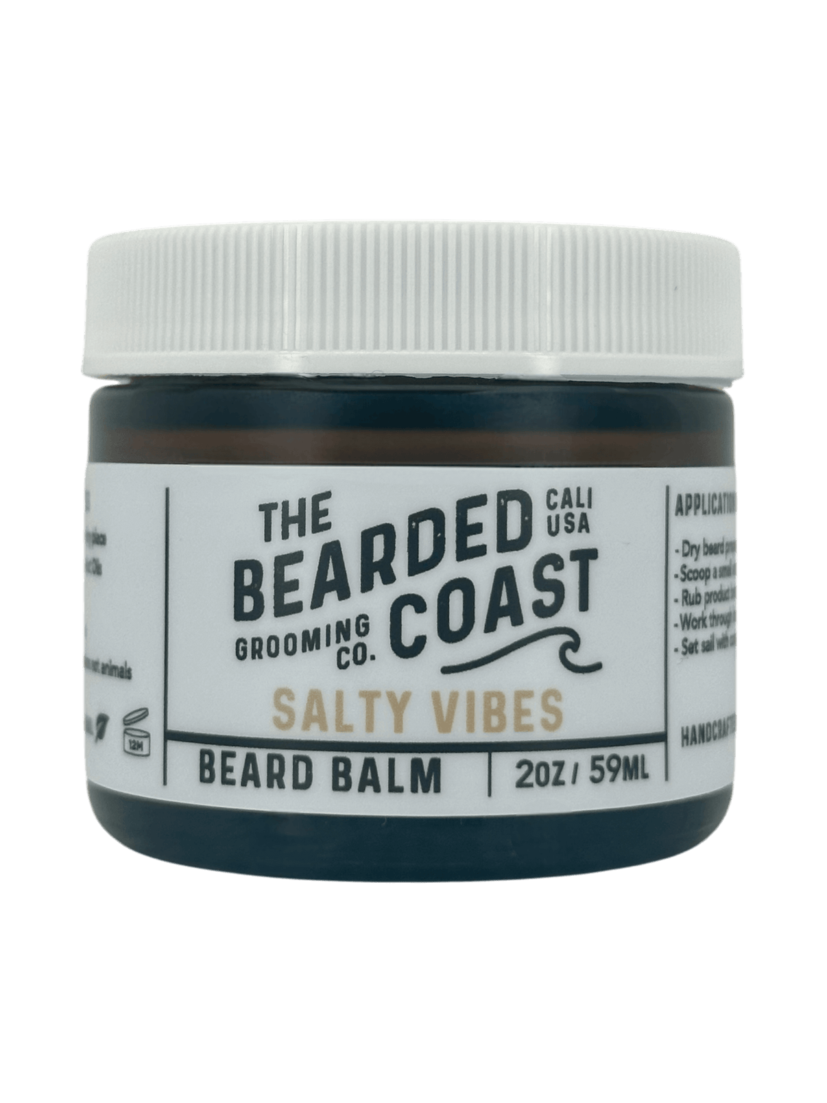 2oz jar of “Salty Vibes” beard balm by The Bearded Coast with white lid and bold branding.