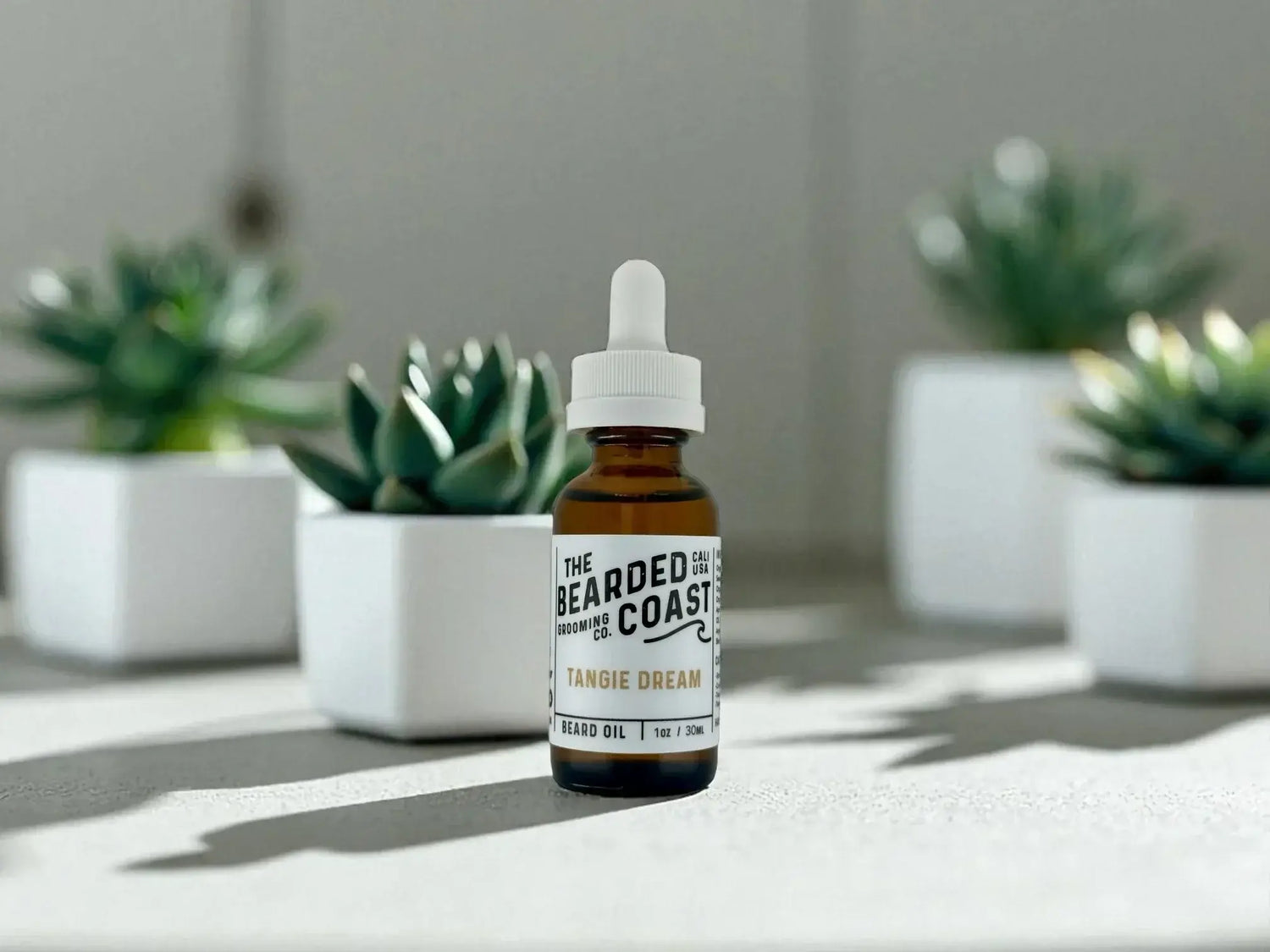 Bearded Coast Tangie Dream Beard oil amber glass dropper bottle of Tangie Dream beard oil surrounded by potted succulents in natural light
