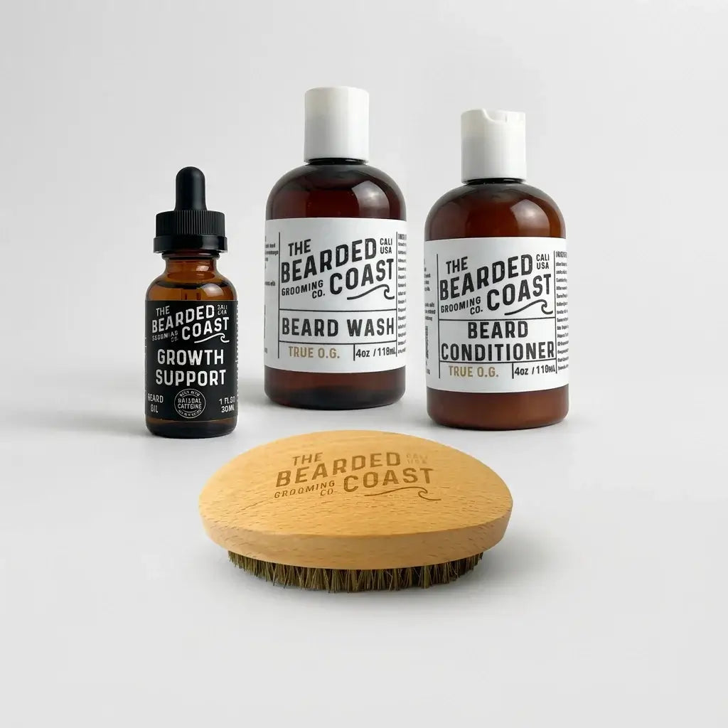 Bearded Coast Beard Growth Support Kit with Growth Support Beard Oil, True O.G. Beard Wash, True O.G. Beard Conditioner, and vegan beard brush — complete beard growth kit by Bearded Coast