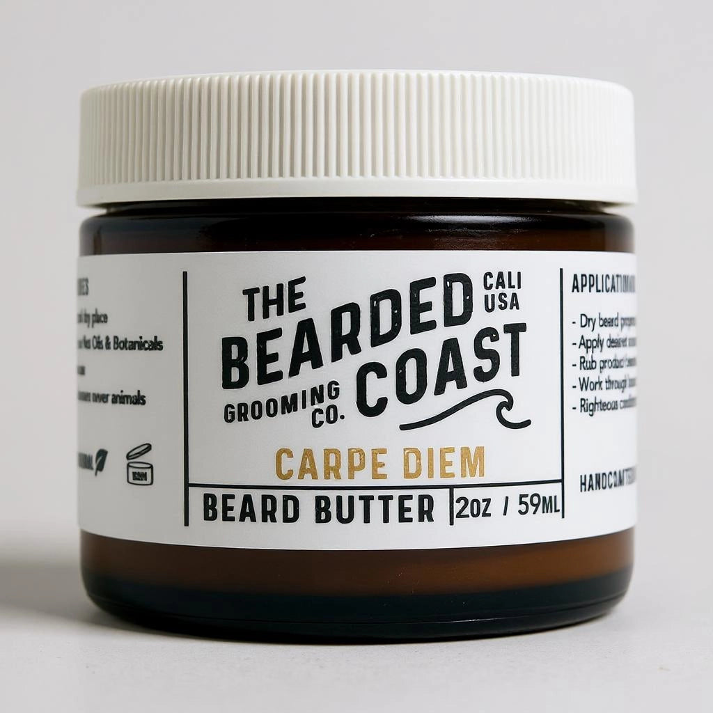 Bearded Coast Carpe Diem Beard Butter in amber jar with white lid and clean white label, 2 oz / 59 ml size
