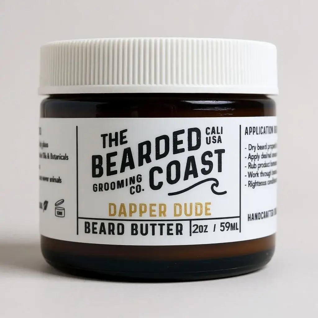 Bearded Coast Dapper Dude Beard Butter in amber jar with white lid and bold label, 2 oz / 59 ml size