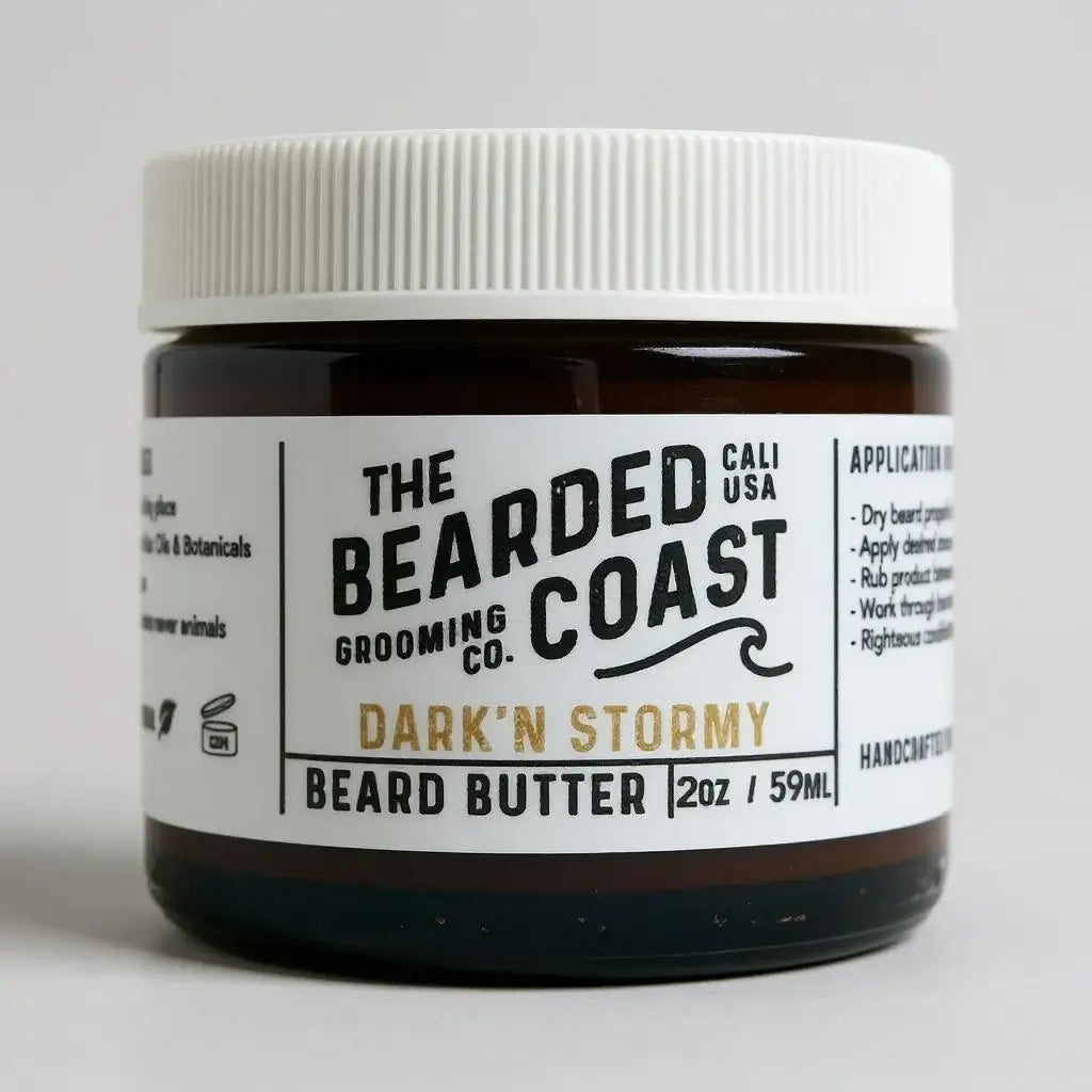 Bearded Coast Dark’n Stormy Beard Butter in amber jar with white lid and bold monochrome label, 2 oz / 59 ml size