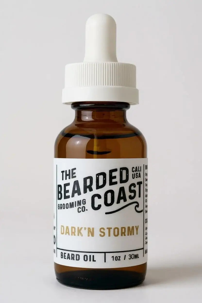 Bearded Coast Dark’n Stormy Beard Oil bottle with white dropper and bold label design, 1 oz / 30 ml size