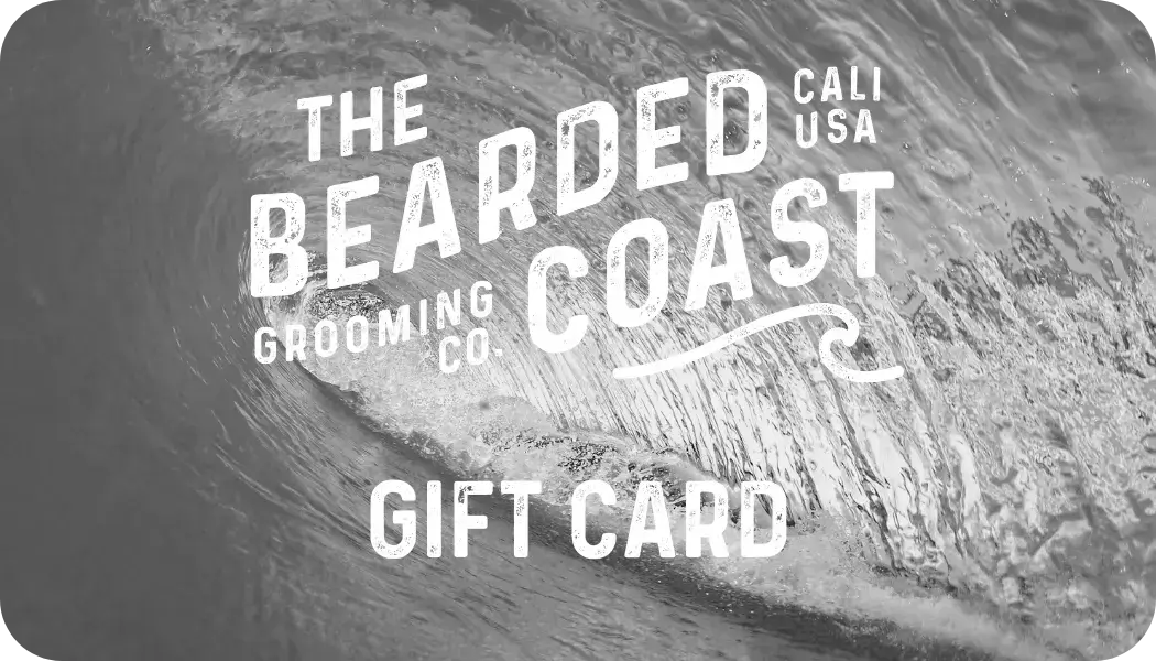 Bearded Coast gift card design with distressed white logo over black and white ocean wave background