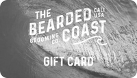 Bearded Coast gift card design with distressed white logo over black and white ocean wave background