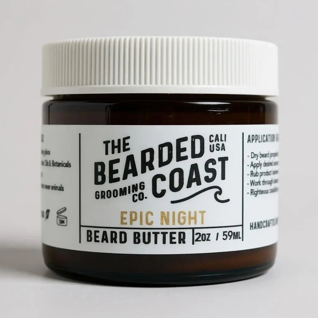 Bearded Coast Epic Night Beard Butter in amber jar with white lid and clean label, 2 oz / 59 ml size