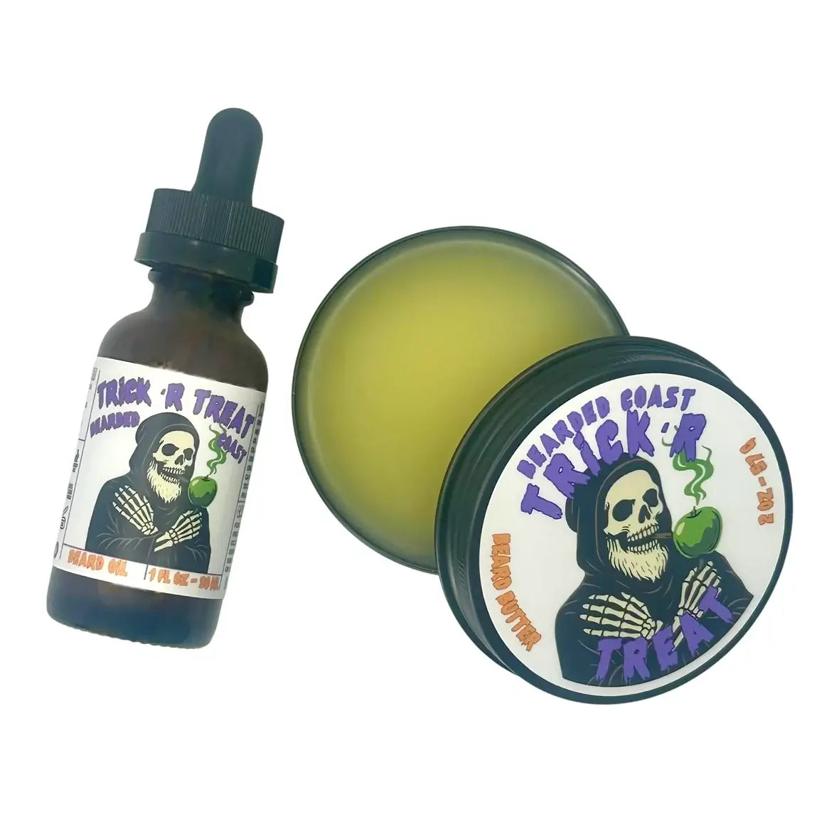 Bearded Coast Trick 'R Treat-themed beard oil and beard butter bundle featuring a skeleton holding a green candy apple on the label.