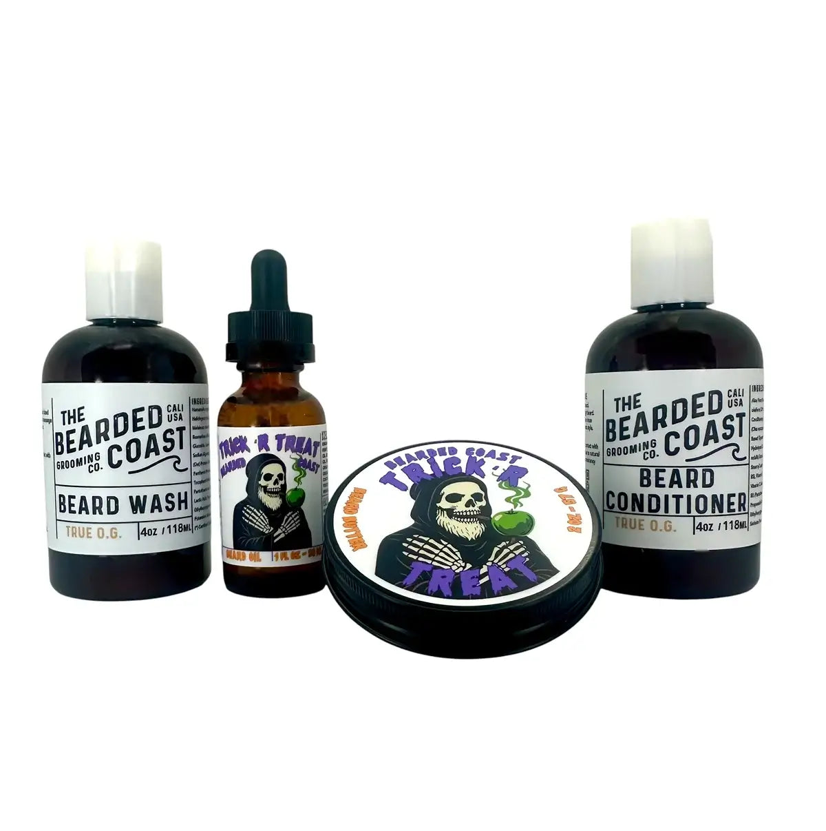 Limited edition Bearded Coast Halloween beard kit with unscented wash, unscented conditioner, oil, and butter in Trick 'R Treat scent
