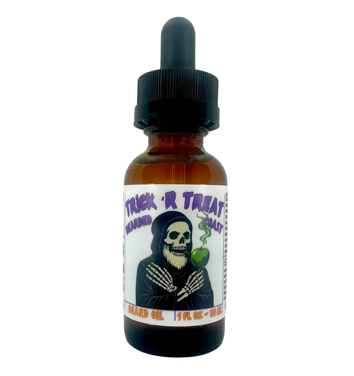 Bearded Coast Halloween-themed beard oil bottle labeled "Trick 'R Treat" with skeleton figure holding a green apple.