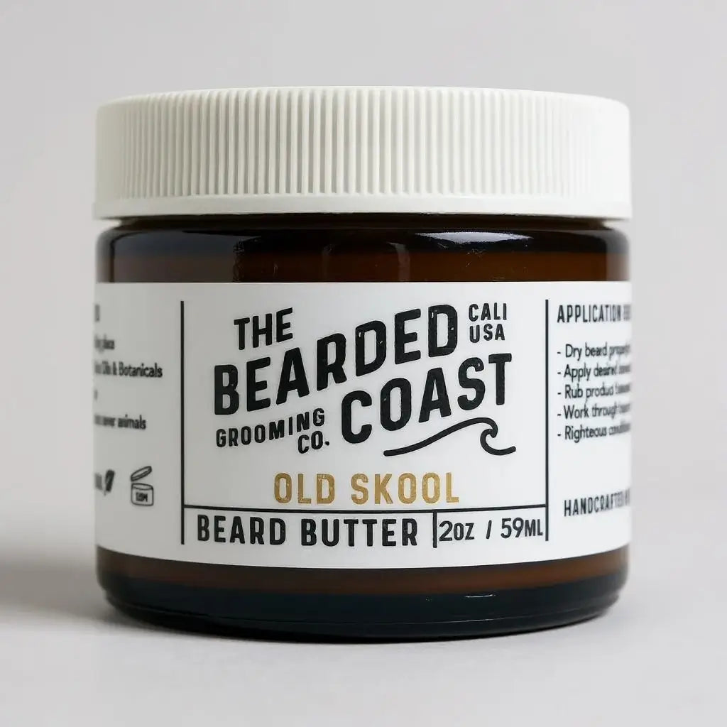 Bearded Coast Old Skool Beard Butter in amber jar with white lid and classic white label, 2 oz / 59 ml size