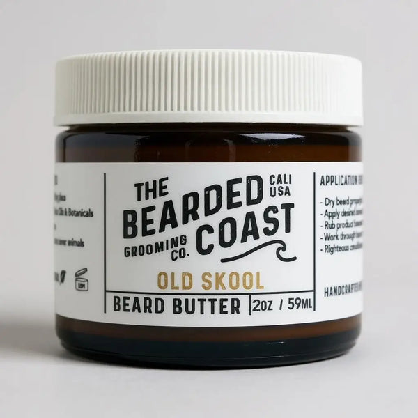 Bearded Coast Old Skool Beard Butter in amber jar with white lid and classic white label, 2 oz / 59 ml size