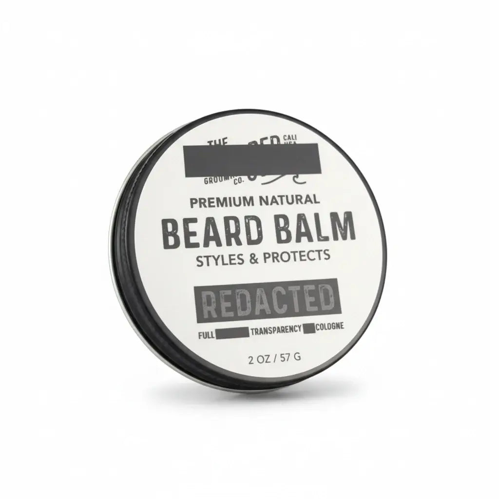 Round tin of “Redacted” beard balm labeled “Styles & Protects” with Full Transparency Cologne scent, 2 oz size.