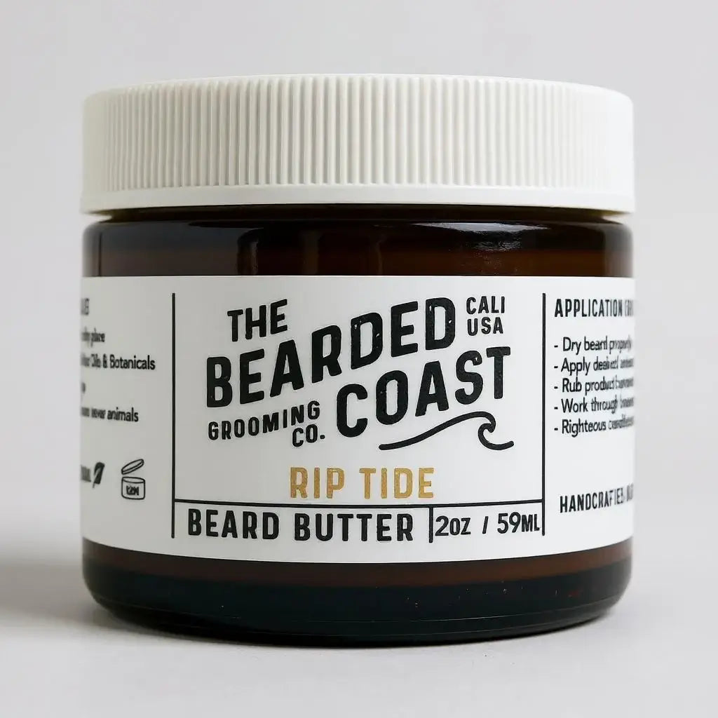 Bearded Coast Rip Tide Beard Butter in amber jar with white lid and minimalist label, 2 oz / 59 ml size