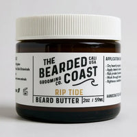 Bearded Coast Rip Tide Beard Butter in amber jar with white lid and minimalist label, 2 oz / 59 ml size