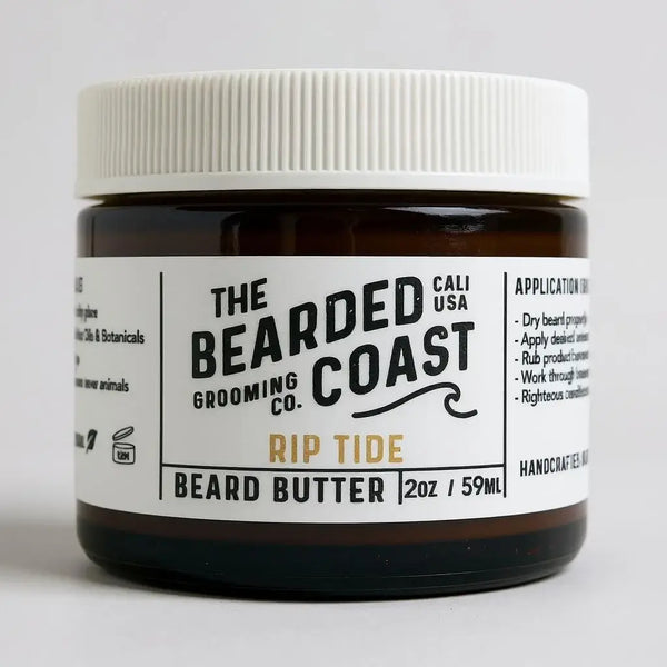 Bearded Coast Rip Tide Beard Butter in amber jar with white lid and minimalist label, 2 oz / 59 ml size
