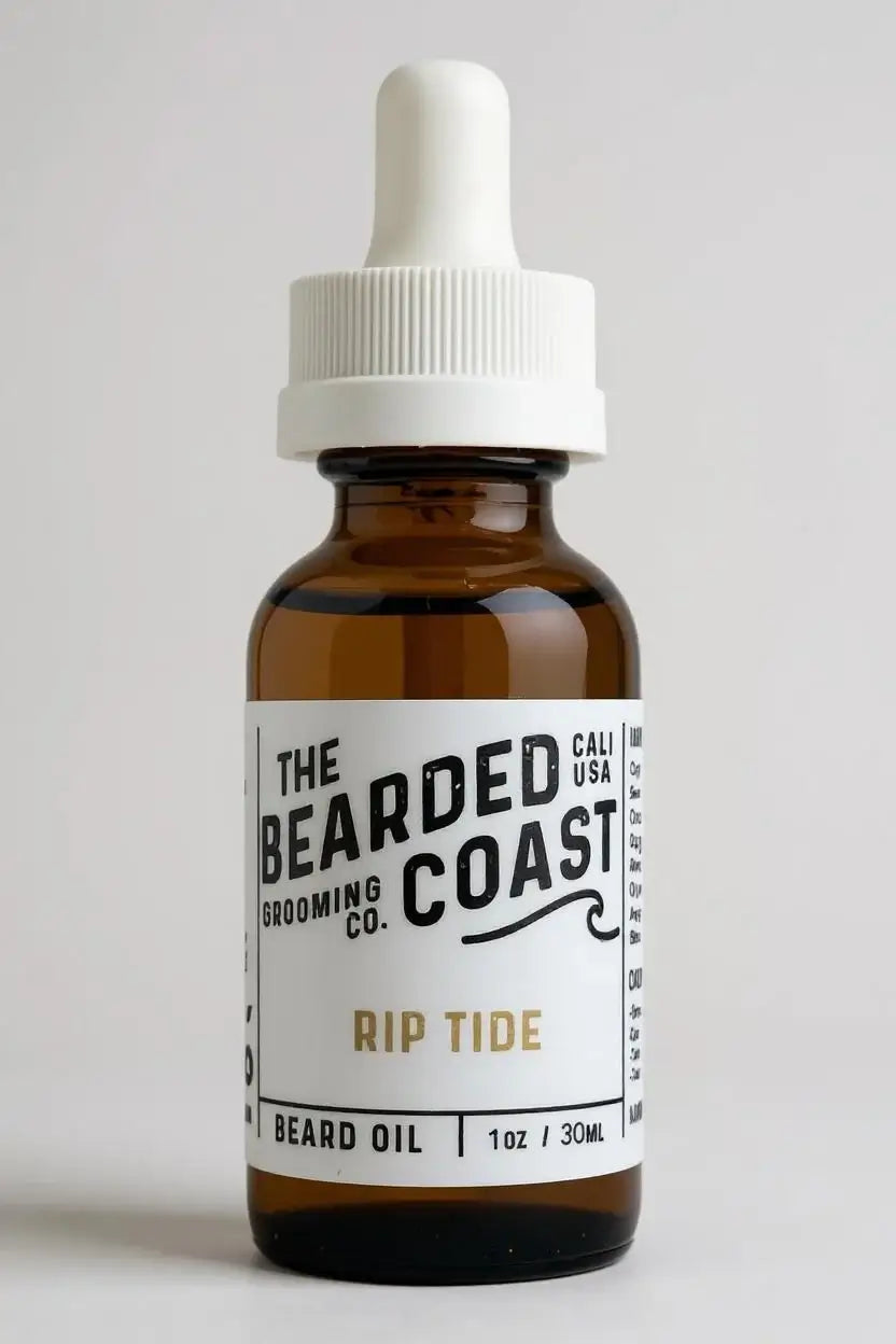 Bearded Coast Rip Tide Beard Oil bottle with white dropper and minimalist label, 1 oz / 30 ml size
