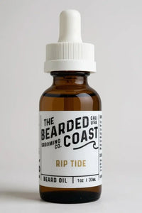 Bearded Coast Rip Tide Beard Oil bottle with white dropper and minimalist label, 1 oz / 30 ml size