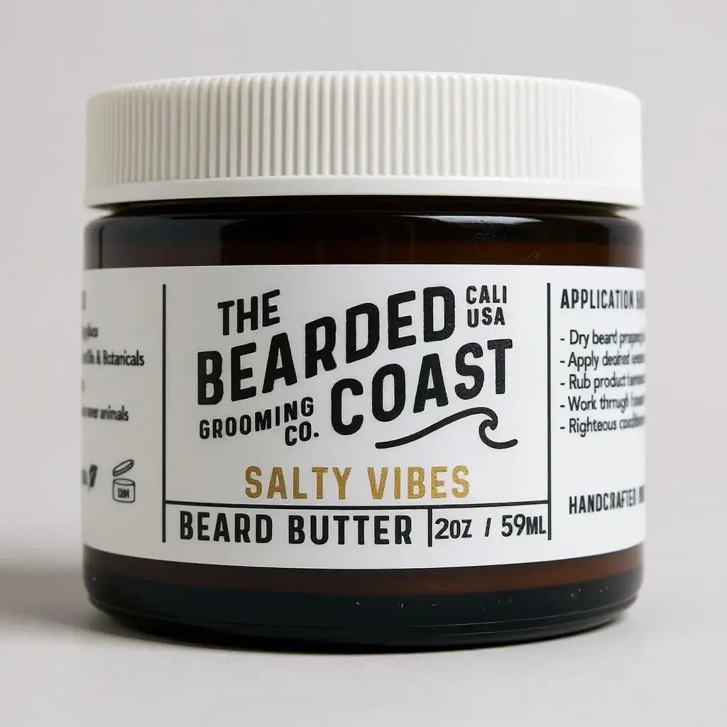 Bearded Coast Salty Vibes Beard Butter in amber jar with white lid and bold label, 2 oz / 59 ml size