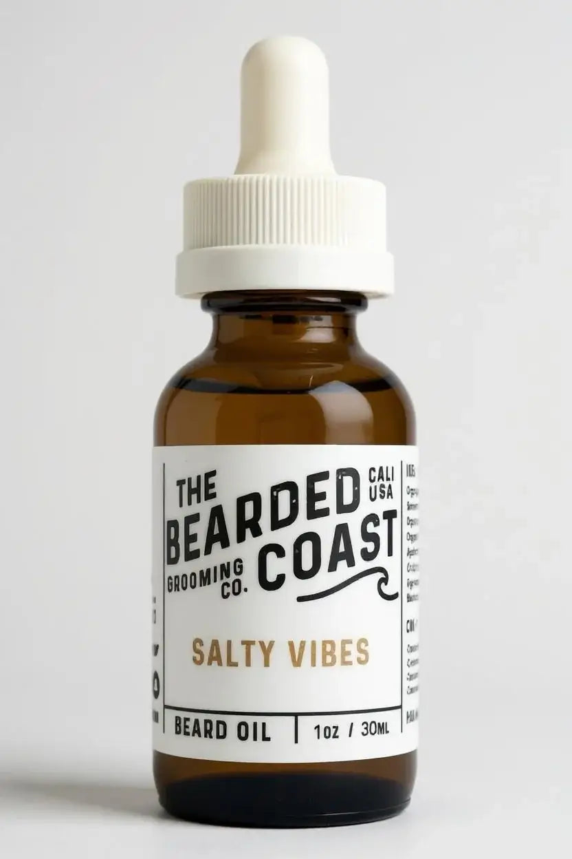 Bearded Coast Salty Vibes Beard Oil bottle with white dropper and coastal-inspired label, 1 oz / 30 ml size
