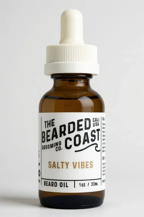 Bearded Coast Salty Vibes Beard Oil bottle with white dropper and coastal-inspired label, 1 oz / 30 ml size