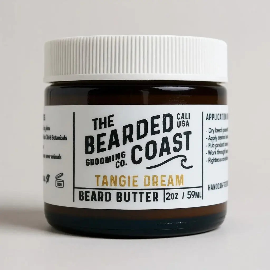 Bearded Coast Tangie Dream Beard Butter in amber jar with white lid and citrus-toned label, 2 oz / 59 ml size