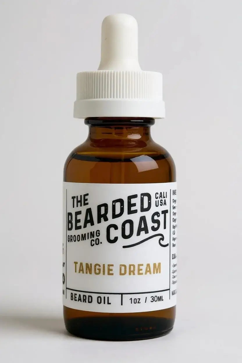 Bearded Coast Tangie Dream Beard Oil bottle with white dropper and citrus-inspired label, 1 oz / 30 ml size