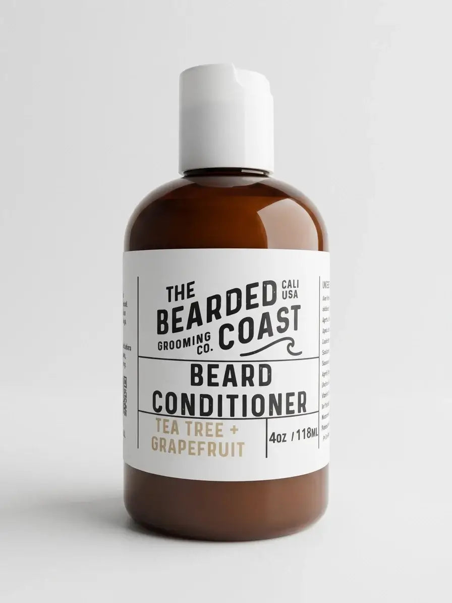 Bearded Coast Tea Tree + Grapefruit Beard Conditioner in a 4oz amber squeeze bottle — tea tree beard conditioner by Bearded Coast Grooming Co.