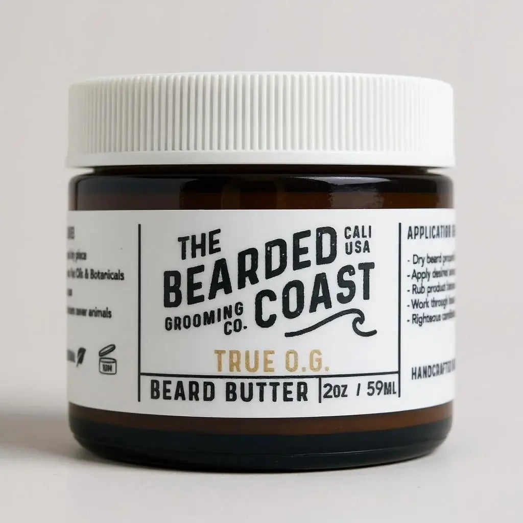 Bearded Coast True O.G. Unscented Beard Butter in amber jar with white lid and clean label, 2 oz / 59 ml size