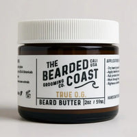 Bearded Coast True O.G. Unscented Beard Butter in amber jar with white lid and clean label, 2 oz / 59 ml size