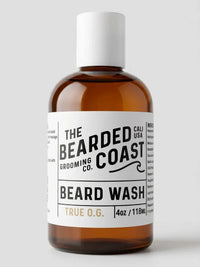 Bearded Coast True O.G. Unscented Beard Wash in a 4oz amber glass bottle with white cap and bold label — natural beard cleanser by Bearded Coast Grooming Co.