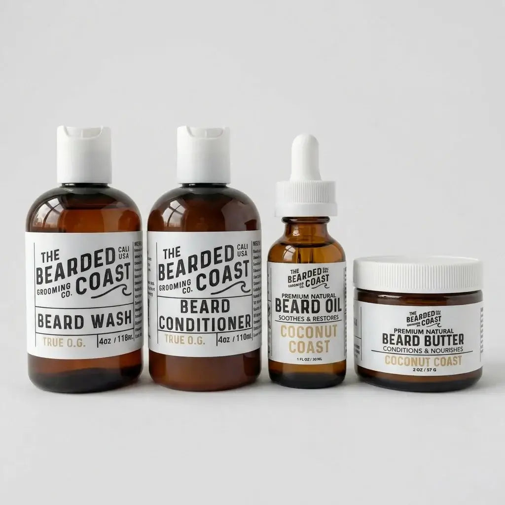 Bearded Coast Coconut Coast Complete Beard Kit featuring four amber glass and plastic bottles — Beard Wash 4oz, Beard Conditioner 4oz, Unscented Beard Oil 1oz, and Beard Butter 2oz — with white labels on a clean light gray background